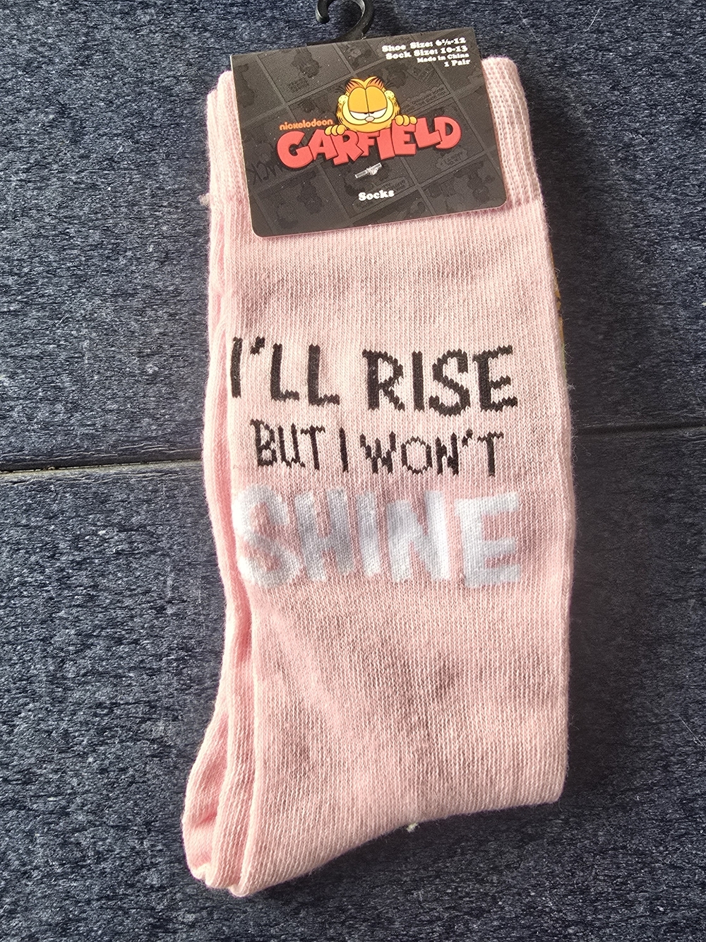 Garfield Pink Crew Socks - "I'll Rise But I Won't Shine"